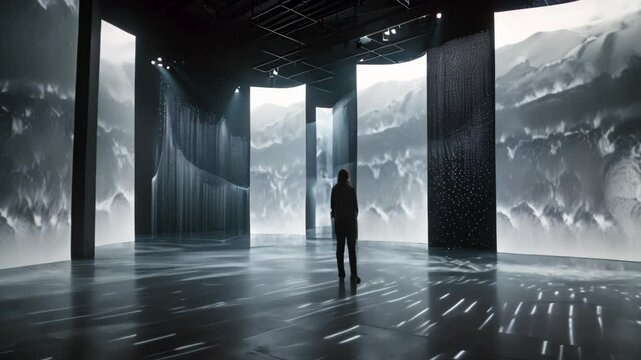 A single person stands amidst an immersive digital display, surrounded by projected Videos of a stormy seascape, Reimagine the concept of the agora as a digital interactive installation