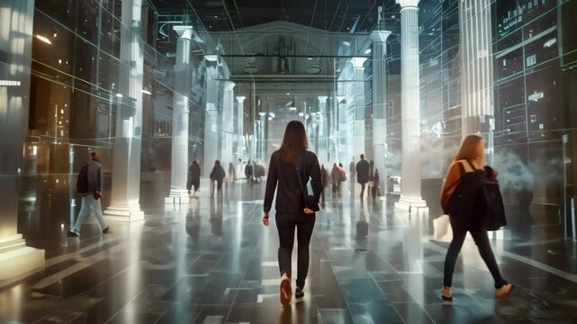People stroll through a modernized agora, using digital enhancements for connection and interaction, Reimagine the concept of the agora as a digital interactive installation