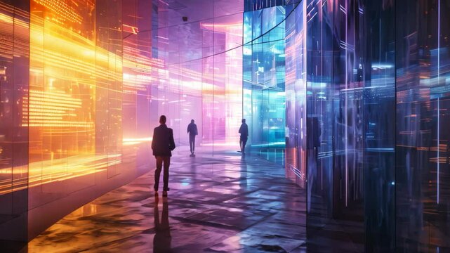 An interior shot of a modern, brightly lit, digital space featuring interactive walls of light and color, Reimagine the concept of the agora as a digital interactive installation