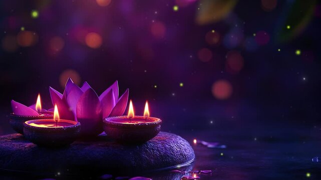 Flowers and candles on dark purple background, Diwali background concept, Indian traditional lamps. Copy space