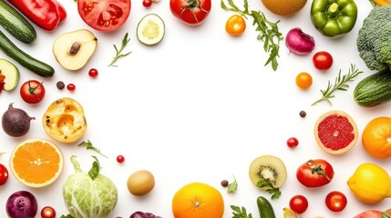 Colorful fruits and vegetables border on white background.