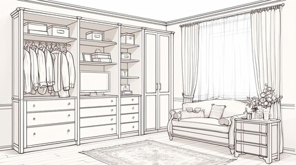 A precise line drawing illustrates an immaculate closet featuring an open wardrobe with neatly arranged clothes, evoking a sense of order and tidiness in living spaces.