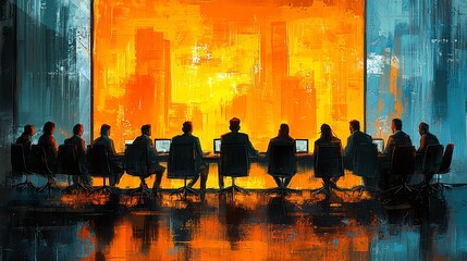 Business professionals gather in silhouette form for a meeting, set against an abstract backdrop of vibrant orange, reflecting synergy and collaboration.