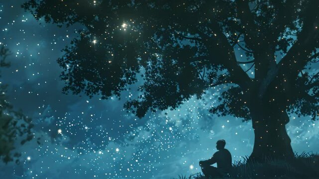 A person sits beneath a large tree, gazing up at a vast, star-filled sky, Relaxing under a star-filled sky, listening to the sound of crickets chirping