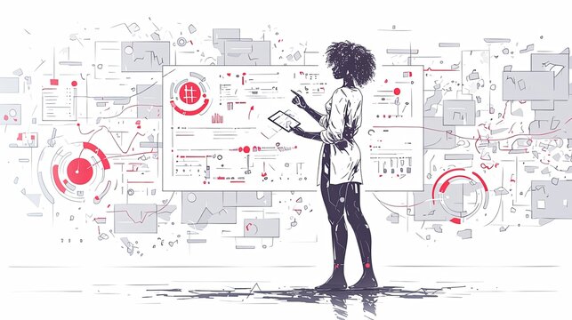 A woman is deeply absorbed in analyzing and interacting with complex data visualizations projected on a large screen in a highly illustrative, dynamic environment.