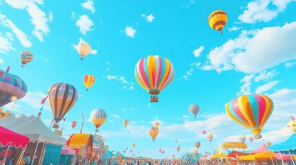 Colorful hot air balloons floating in the sky above a crowd of people at a festival.