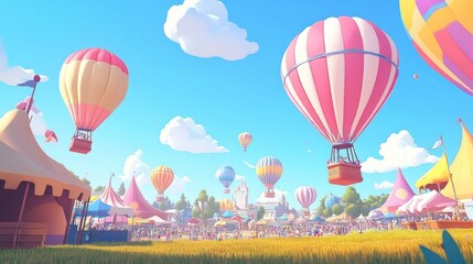 Fototapeta premium Colorful hot air balloons float over a bustling fairground with tents and crowds.