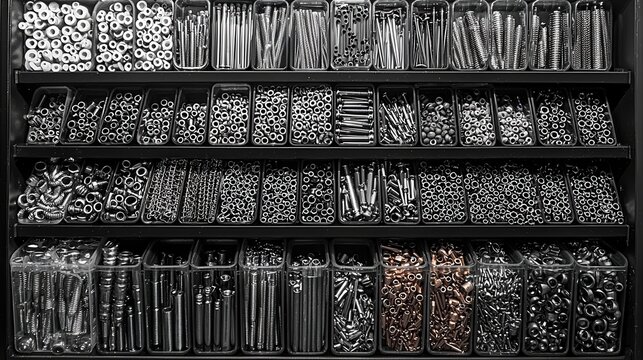 A meticulously organized shelf of various metallic fasteners in a hardware store showcasing bolts, screws, nuts, and washers