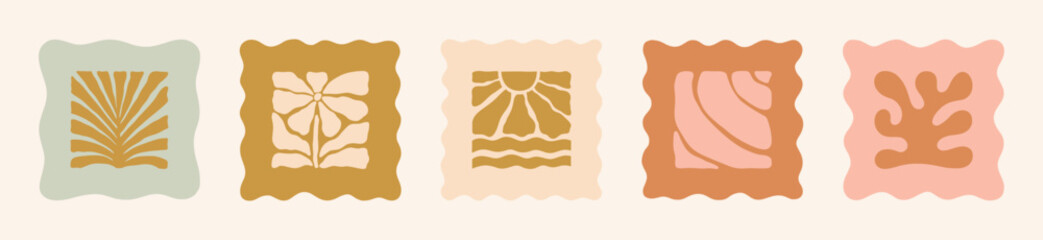 Boho Summer Beach Illustration Set in Square Frame. Groovy Palm Leaf, Flower, Sun, Seashell and Coral. Vector Abstract Tropical Icons in Freehand Naive Style for Logo, Print, Pattern, Poster