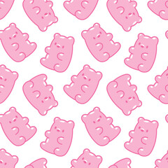 Cute girly seamless pattern with pink gummy bears. Flat background design. Repeating print for fabric, wrapping paper, textile