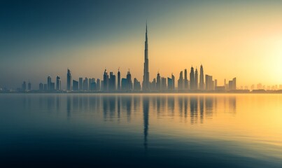 View of modern urban skyline with skyscrapers and sea, dubai, united arab emirates