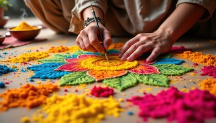 A vibrant Rangoli design is being created with colorful powders, showcasing intricate patterns and artistry on the floor.