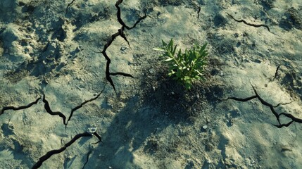 Obraz premium Resilience in Nature: Close-up of a Cracked Ground with Thriving Green Plant, Symbolizing Survival and Impact