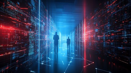 Fototapeta premium Two Businessmen Standing in a Futuristic Digital Corridor Abstract Concept of Technology and Progress Soft Pastel Background for Graphic Design Templates