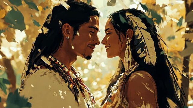 A young couple gazes lovingly into each other's eyes amidst a forest of golden leaves