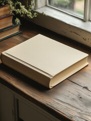 A blank book positioned on a table in a classic reading nook, surrounded by warm tones and a cozy library setting.  
