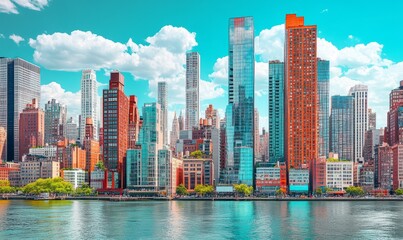 View of modern cityscape with hudson river and skyscrapers, new york city, united states.