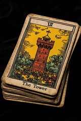The tower tarot card resting on a black surface