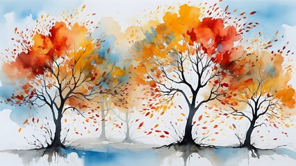 Obraz premium Ink trees in autumn, bending in the wind with scattered leaves in yellow, orange, and red. AI-generated. 
