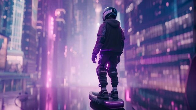 A lone rider glides through a futuristic cityscape on a glowing hoverboard, surrounded by vibrant neon lights, Riding a futuristic hoverboard through a neon cityscape