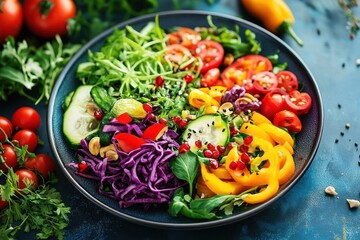 Colorful salad with red cabbage, tomatoes, cucumbers, yellow peppers, and pomegranate seeds on a blue plate.