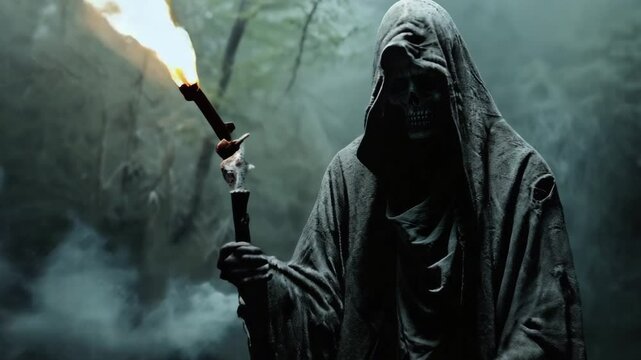 Grim reaper in black robe came to take soul. Foggy dark night. Terrible death, horror movie. Creepy halloween costume. Scary man hold fire torch silhouette. Spooky mystery masquerade. Bad nightmare.