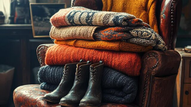 A stack of cozy sweaters sits on a leather armchair, ready for a chilly evening