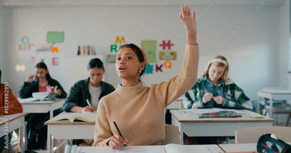 Aufkleber Question, hands raised and education with girl in classroom for learning, idea and scholarship. Answer, knowledge and future with student in high school for solution, studying and problem solving