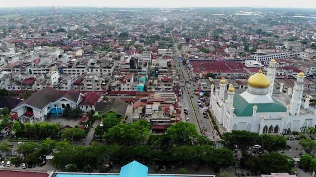 Aerial video shows dense housing in the Langsa city area, Aceh