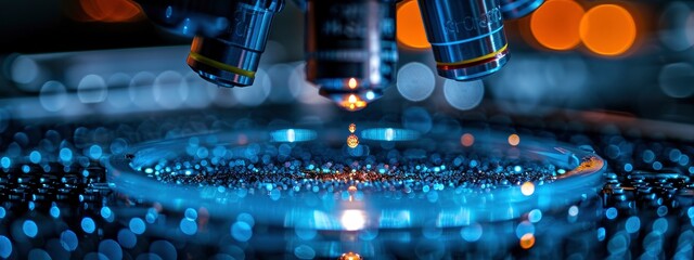 close up of scientistic microscope on blurred blue background. medicine of the future. concept of research. analysis and observation, innovation. banner 