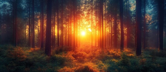 Sunbeams breaking through the trees in a foggy forest, creating a magical and ethereal atmosphere.