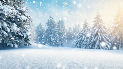 Snowflakes sparkling in the cold air, with a backdrop of snow-covered trees under a winter sky