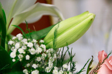 Fototapeta premium This image features a stunning closeup of a beautifully arranged bouquet of colorful flowers placed delicately on a table, showcasing natures beauty