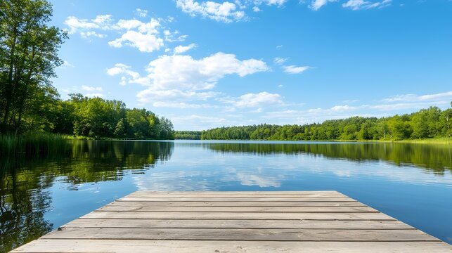Calm and serene pontoon pier stretching out over a tranquil summer lake with beautiful reflections on the water and plenty of copy space for text or design elements