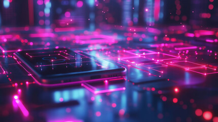 A computer and phone are connected by glowing lines representing data. This shows how artificial intelligence is used in business to connect personal information and technology.