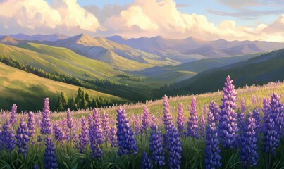 Obraz premium Wild lupine flowers amongst rolling hills