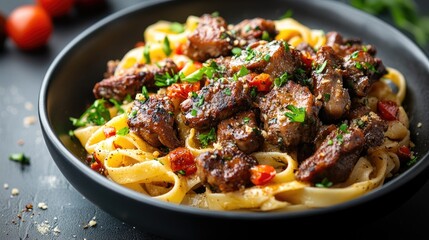 Pasta dish with tomato sauce and beef fillet garnished with parsley