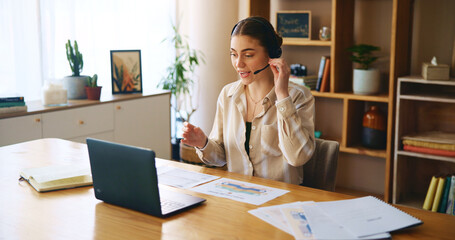 Remote work from home, computer and woman with headphones, virtual meeting and documents. Person, freelancer and entrepreneur with pc, headset and online seminar with presentation and communication