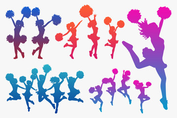 Silhouette Collection of Energetic Cheerleaders Jumping with Pompoms