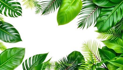 Tropical leaves frame including various green leaves such as monstera