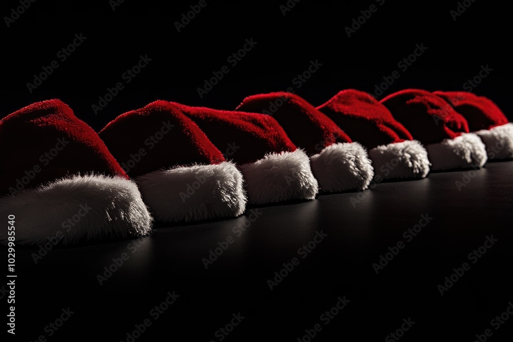 Sticker Row of Red and White Santa Hats on a Black Background