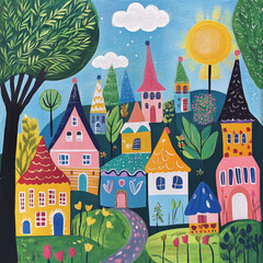 Colorful houses and vibrant trees create whimsical village scene, filled with joy and charm. bright sun and playful clouds enhance cheerful atmosphere of this artistic landscape