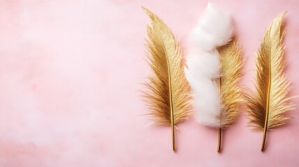 Golden Feathers and Fluffy White Feathers on a Pink Background for a Feminine and Elegant Design Subtle Blur Background with Space for Custom Text