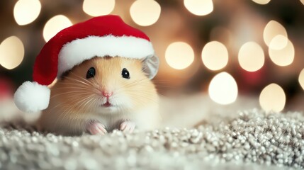 Obraz premium Cute little hamster wearing a Santa hat. New Year