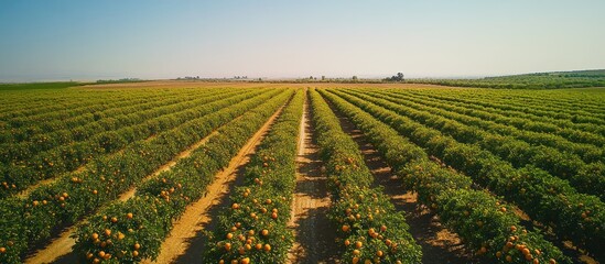 Fototapeta premium Aerial view of an orange grove with rows of trees stretching into the distance.
