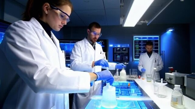 A futuristic lab where scientists in white coats mix chemicals and observe reactions, with advanced technology displaying holographic drug formulas