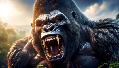 Portrait of a large silverback gorilla or mountain gorilla while roaring looking at the camera. Angry powerful animal roaring in jungle wilderness showing teeth. Generative Ai.