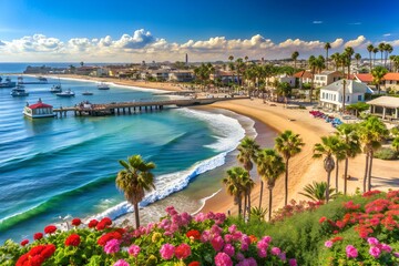 Beautiful Newport Beach, Southern California. Description Stunning view of the sandy beach and crystal-clear water