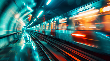 Fototapeta premium A vibrant subway train rushes through dynamic tunnel, illuminated by colorful lights reflecting off wet tracks, creating sense of speed and energy