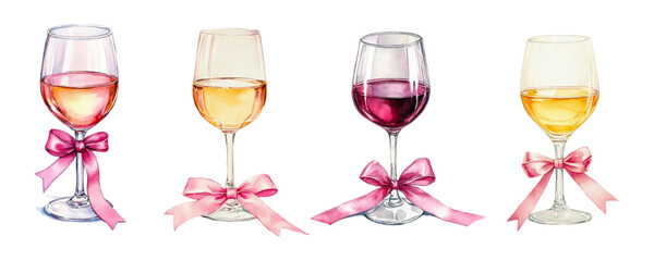 Watercolor salted wine glasses decorated with pink ribbon png. White and red wine in a watercolor glass. Vector illustration.